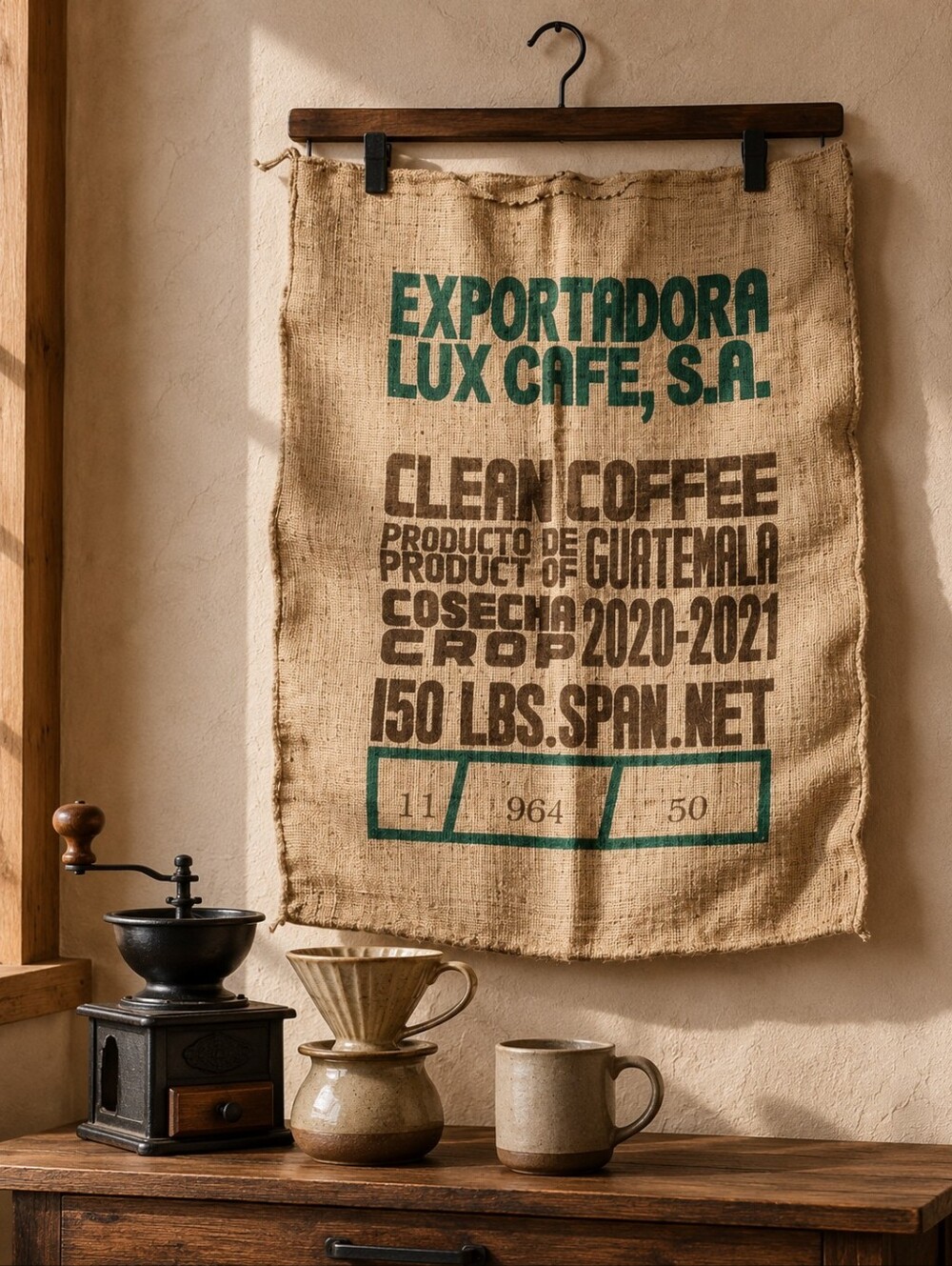 Vintage Guatemala Burlap Coffee Sack Exportadora Lux Cafe Wall Hanging 150 lb